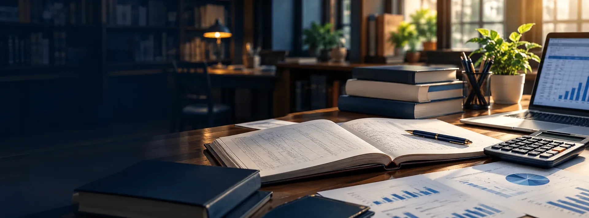 Accounting books, calculator and financial charts on a desk