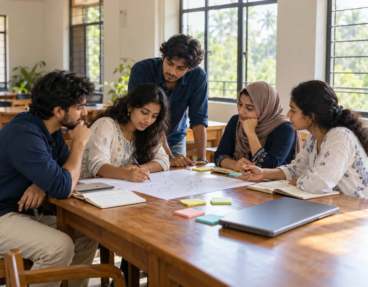 Illustration of students collaborating on ideas