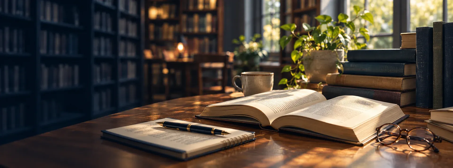 Literature books and a writing notebook in a reading room