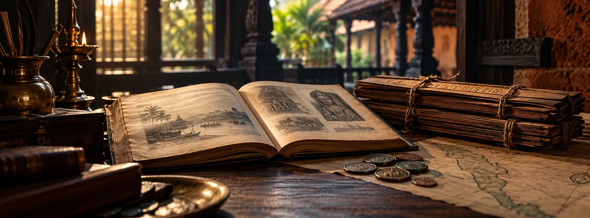 History books and palm-leaf manuscripts on an archive desk
