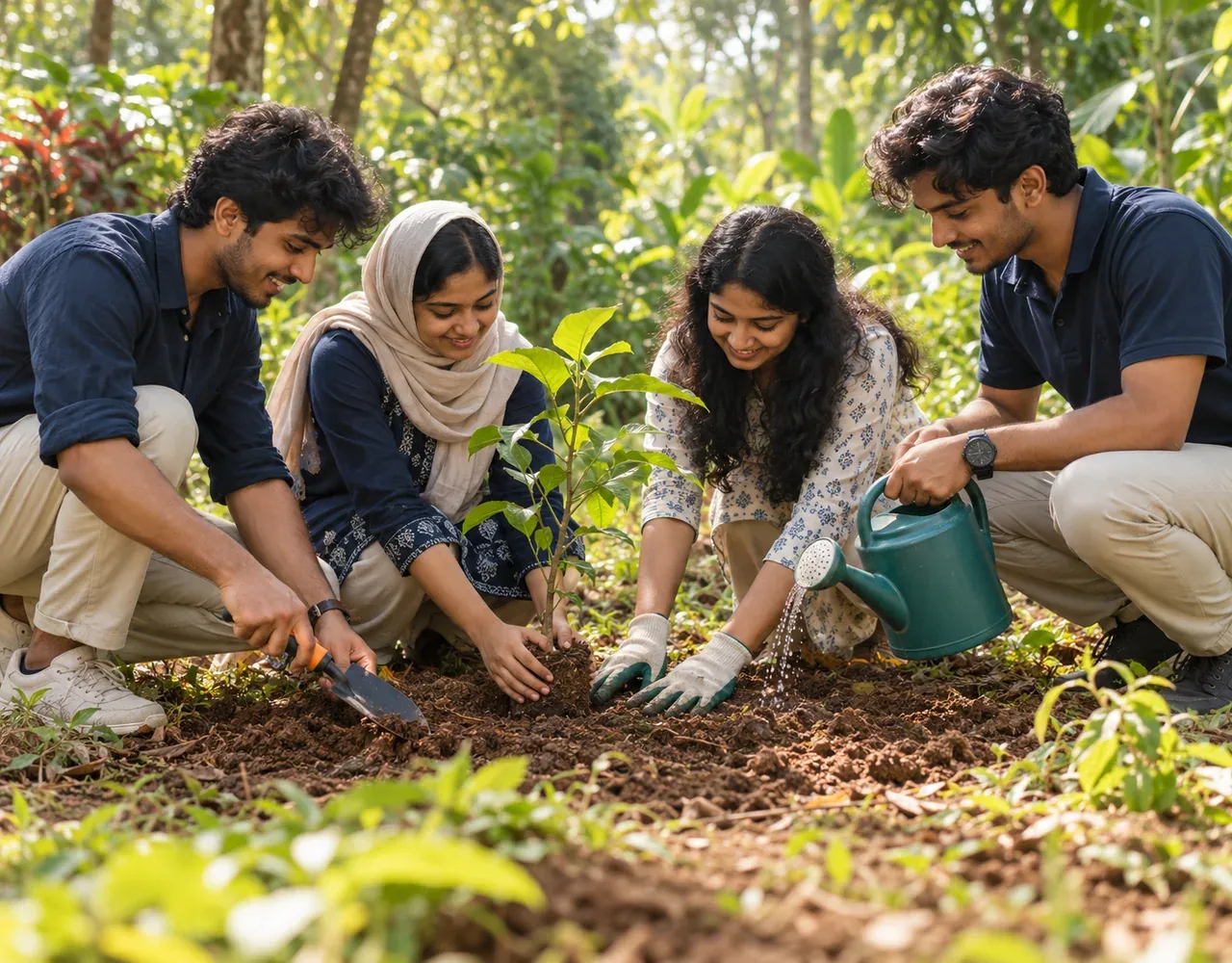 Illustration of students planting a sapling