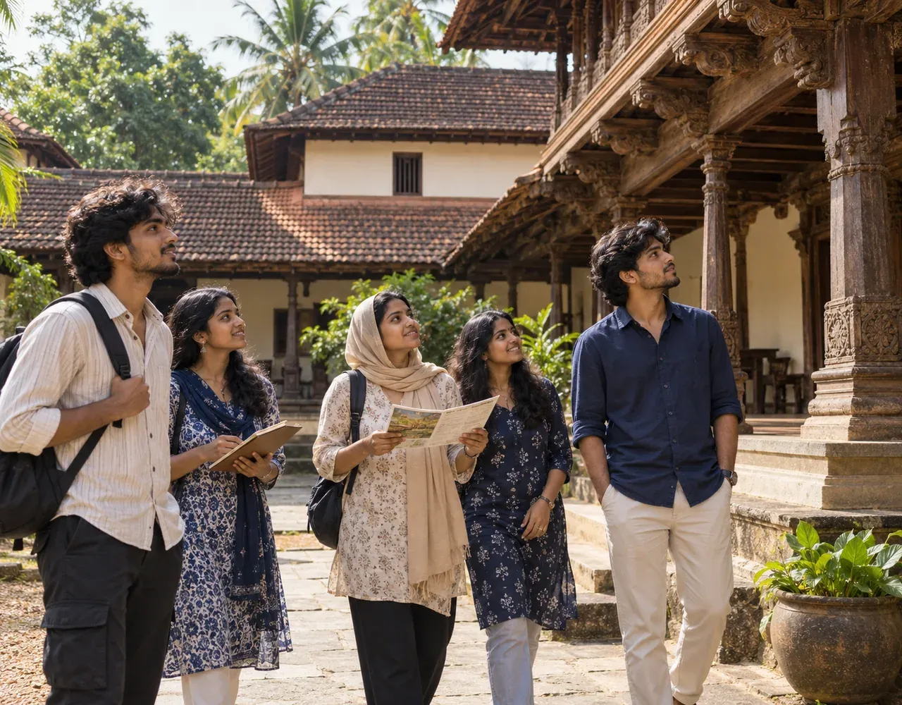 Illustration of students exploring Kerala heritage architecture